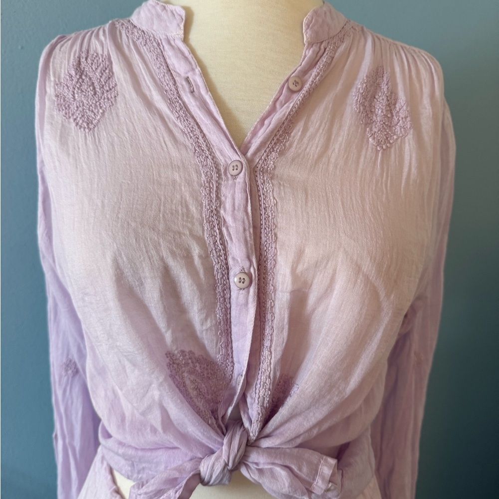Pink Long Sleeve Button Down Shirt with Tie Front